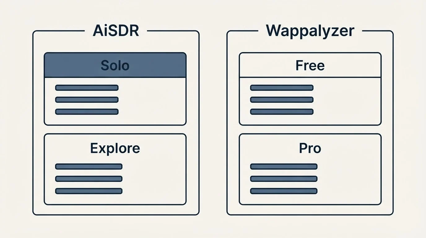 Pricing panels: Pricing Comparison (AiSDR, Wappalyzer, Solo, Free)