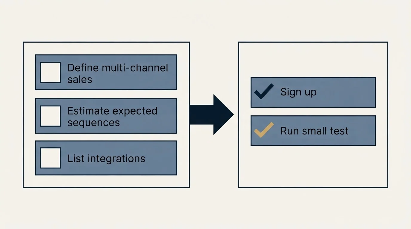 Before-and-after steps: Getting Started Checklist (Define multi-channel sales, Estimate expected sequences, List integrations, Sign up)