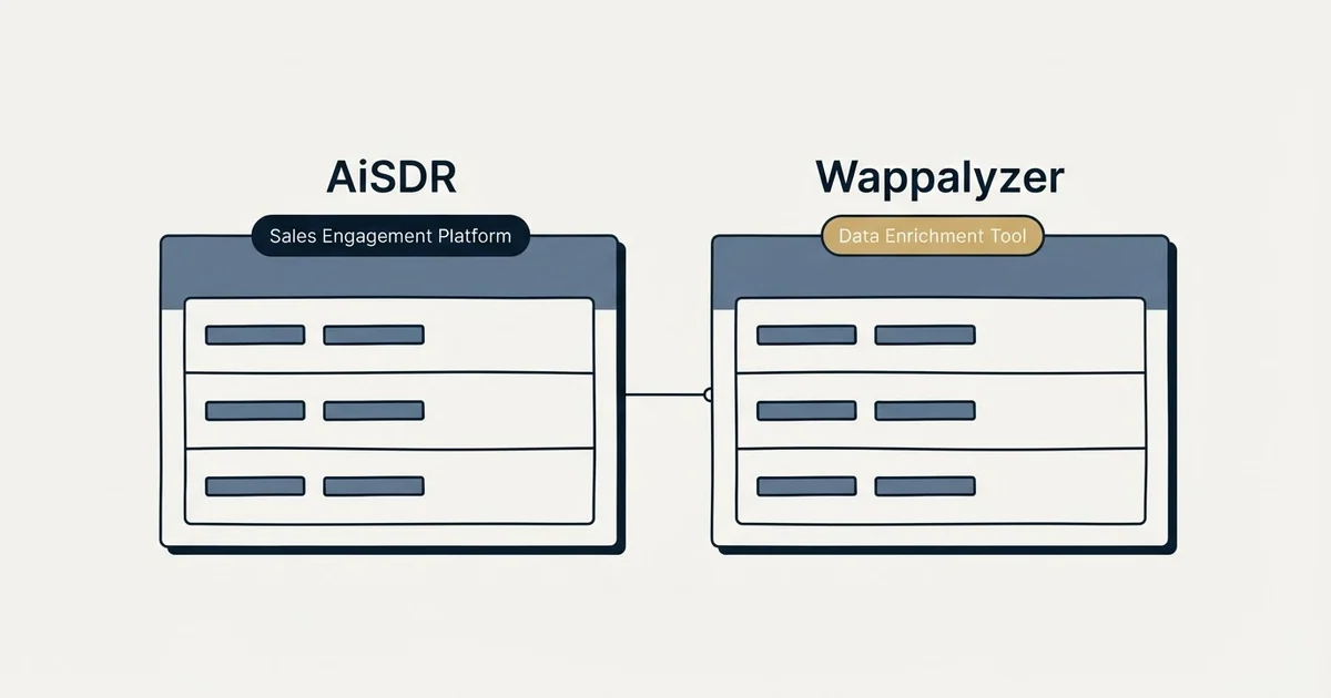 Side-by-side panels: AiSDR vs Wappalyzer (Sales Engagement Platform, Data Enrichment Tool)