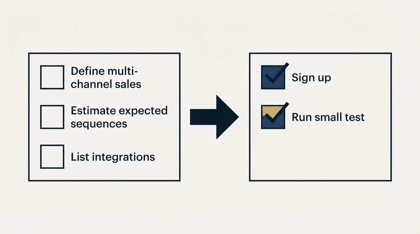Before-and-after steps: Getting Started Checklist (Define multi-channel sales, Estimate expected sequences, List integrations, Sign up)