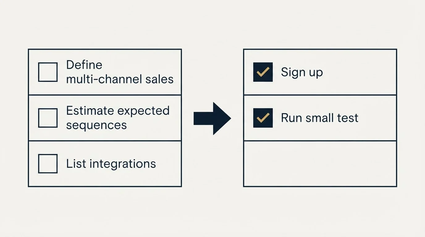 Before-and-after steps: Getting Started Checklist (Define multi-channel sales, Estimate expected sequences, List integrations, Sign up)