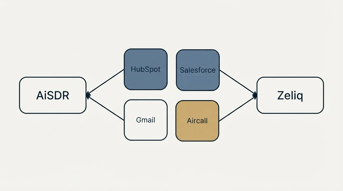 Integration schematic: Integration Ecosystem (AiSDR, Zeliq, HubSpot, Salesforce)