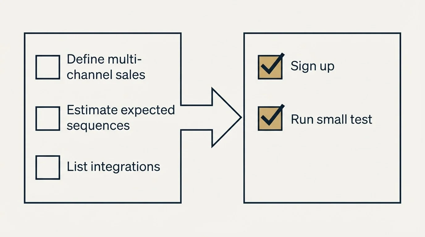 Before-and-after steps: Getting Started Checklist (Define multi-channel sales, Estimate expected sequences, List integrations, Sign up)