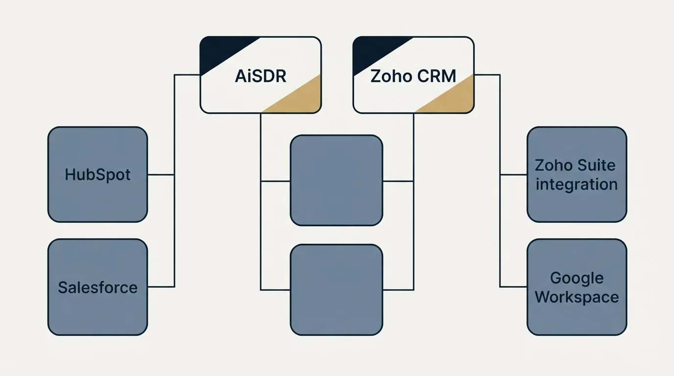 Integration grid: Integration Ecosystem (AiSDR, Zoho CRM, HubSpot, Zoho Suite integration)