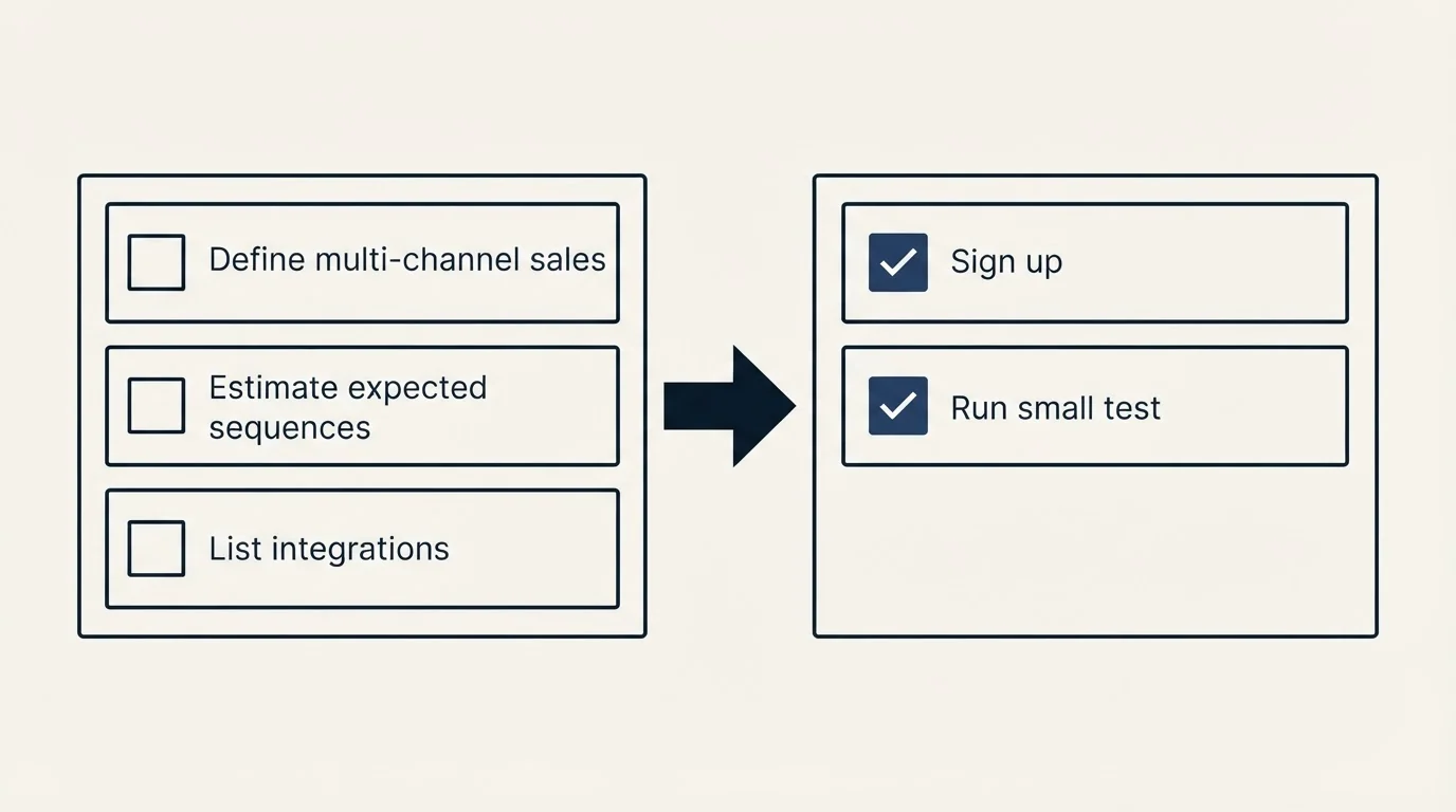 Before-and-after steps: Getting Started Checklist (Define multi-channel sales, Estimate expected sequences, List integrations, Sign up)