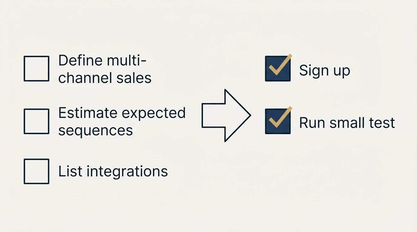 Before-and-after steps: Getting Started Checklist (Define multi-channel sales, Estimate expected sequences, List integrations, Sign up)
