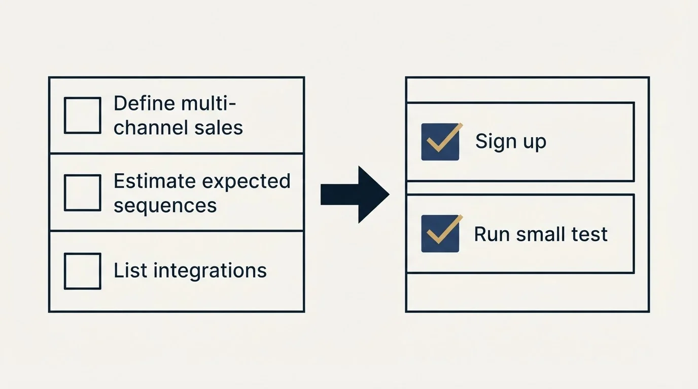 Before-and-after steps: Getting Started Checklist (Define multi-channel sales, Estimate expected sequences, List integrations, Sign up)
