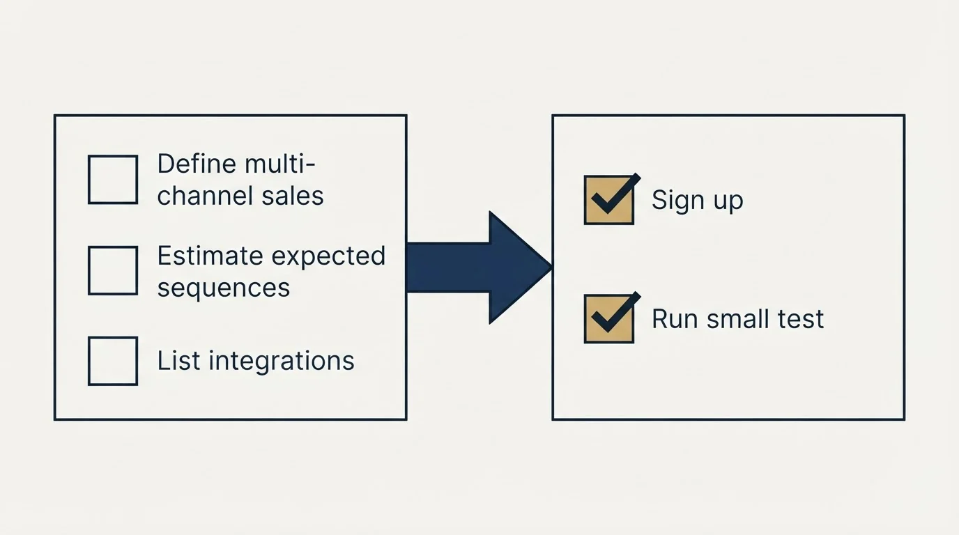 Before-and-after steps: Getting Started Checklist (Define multi-channel sales, Estimate expected sequences, List integrations, Sign up)