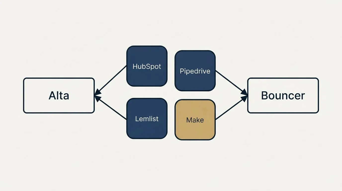 Integration schematic: Integration Ecosystem (Alta, Bouncer, HubSpot, Pipedrive)