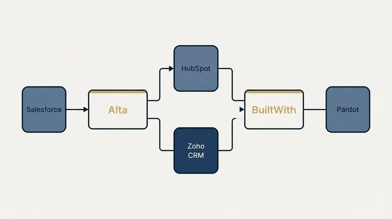 Integration schematic: Integration Ecosystem (Alta, BuiltWith, HubSpot, Zoho CRM)