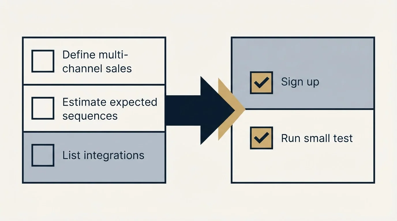 Before-and-after steps: Getting Started Checklist (Define multi-channel sales, Estimate expected sequences, List integrations, Sign up)