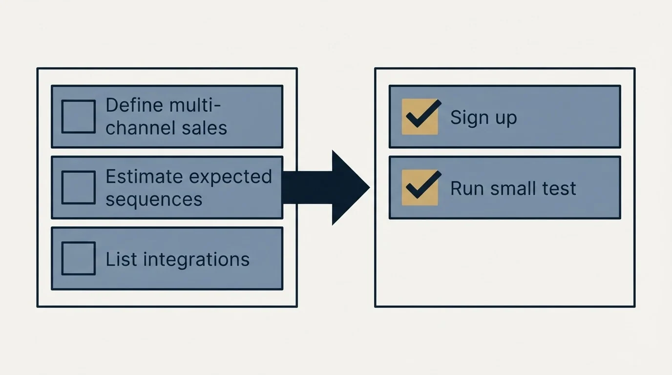 Before-and-after steps: Getting Started Checklist (Define multi-channel sales, Estimate expected sequences, List integrations, Sign up)