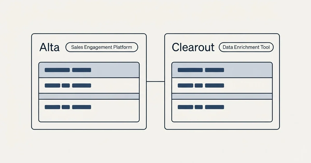 Side-by-side panels: Alta vs Clearout (Sales Engagement Platform, Data Enrichment Tool)