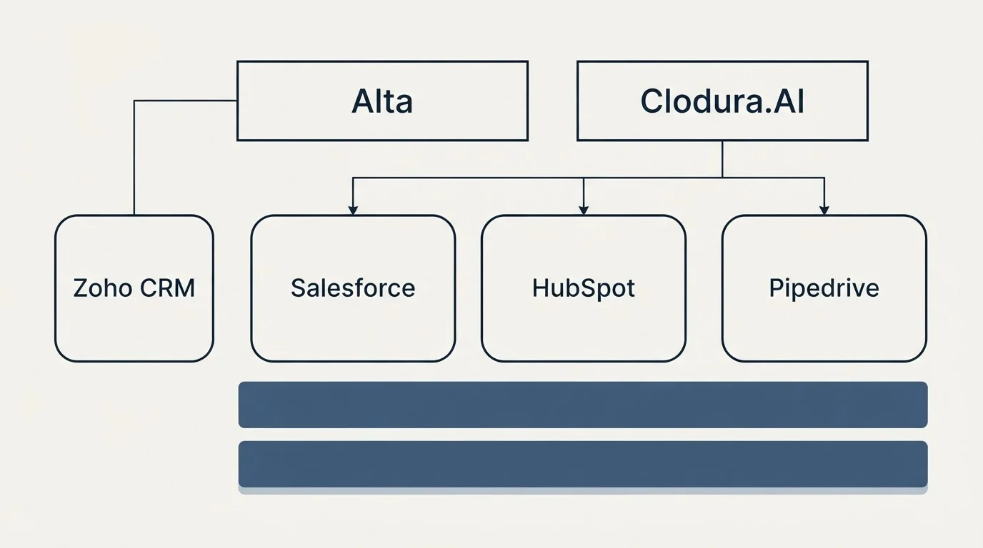 Integration grid: Integration Ecosystem (Alta, Clodura.AI, Salesforce, HubSpot)