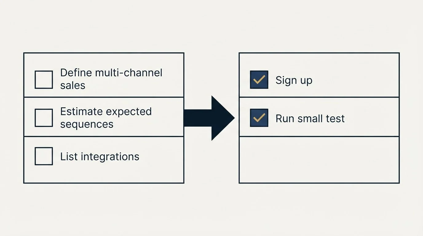 Before-and-after steps: Getting Started Checklist (Define multi-channel sales, Estimate expected sequences, List integrations, Sign up)