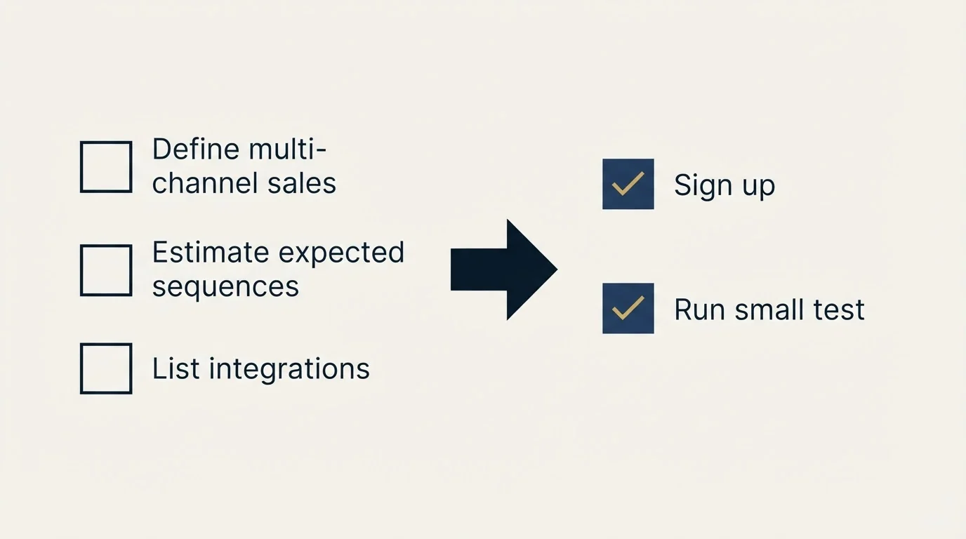 Before-and-after steps: Getting Started Checklist (Define multi-channel sales, Estimate expected sequences, List integrations, Sign up)