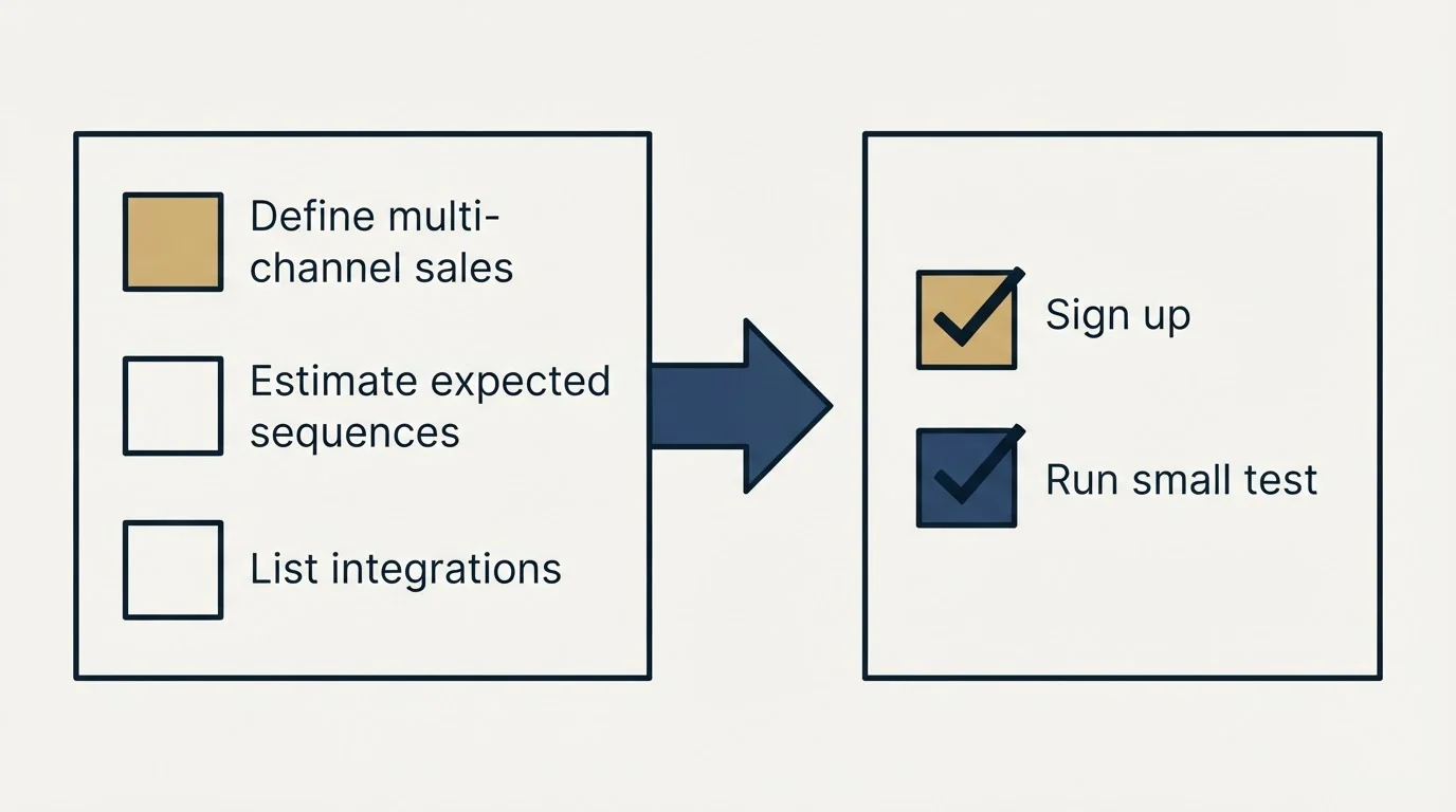 Before-and-after steps: Getting Started Checklist (Define multi-channel sales, Estimate expected sequences, List integrations, Sign up)