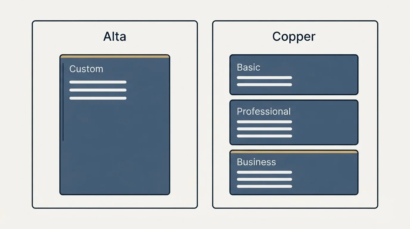 Pricing panels: Pricing Comparison (Alta, Copper, Custom, Basic)