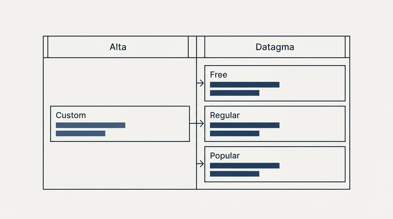 Pricing table: Pricing Comparison (Alta, Datagma, Custom, Free)