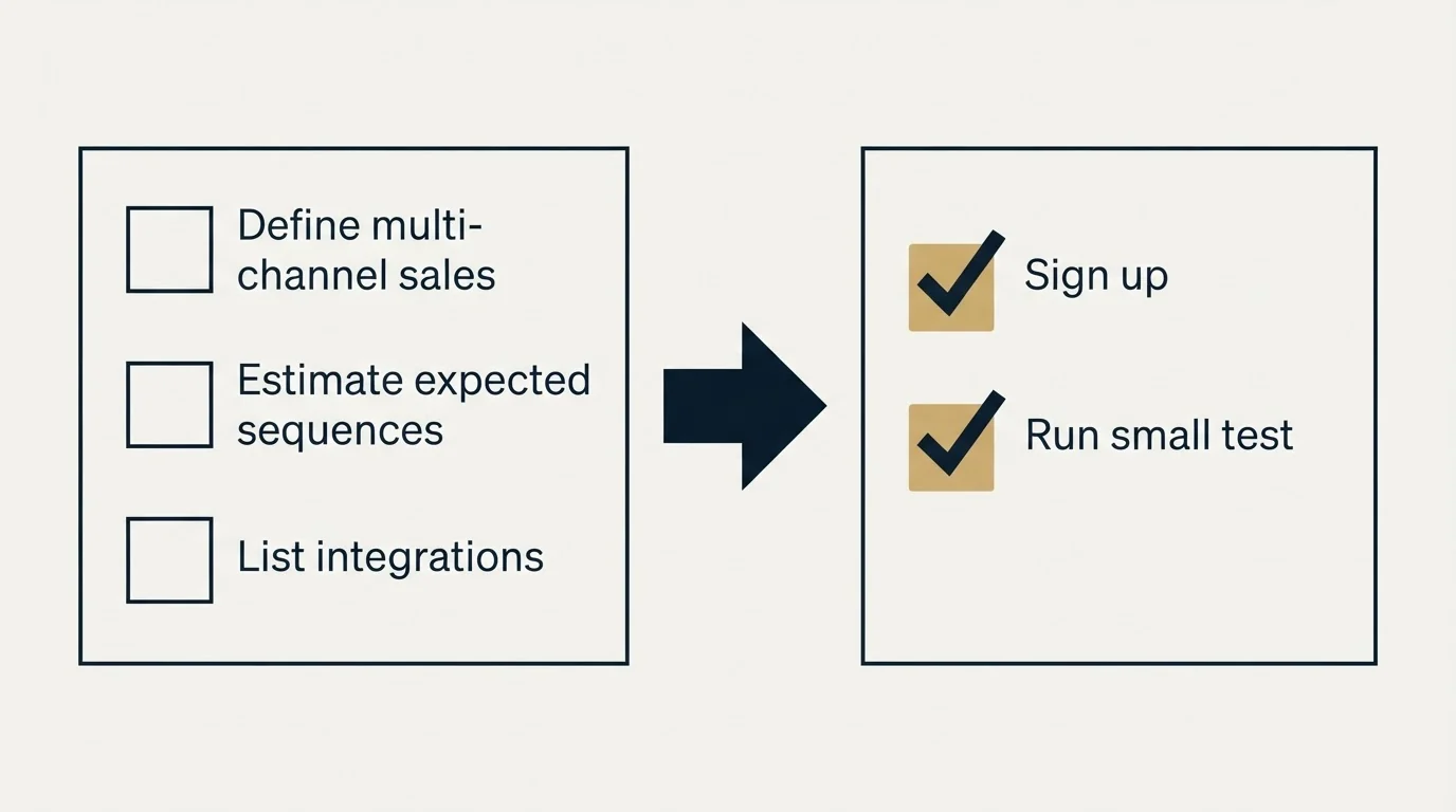 Before-and-after steps: Getting Started Checklist (Define multi-channel sales, Estimate expected sequences, List integrations, Sign up)