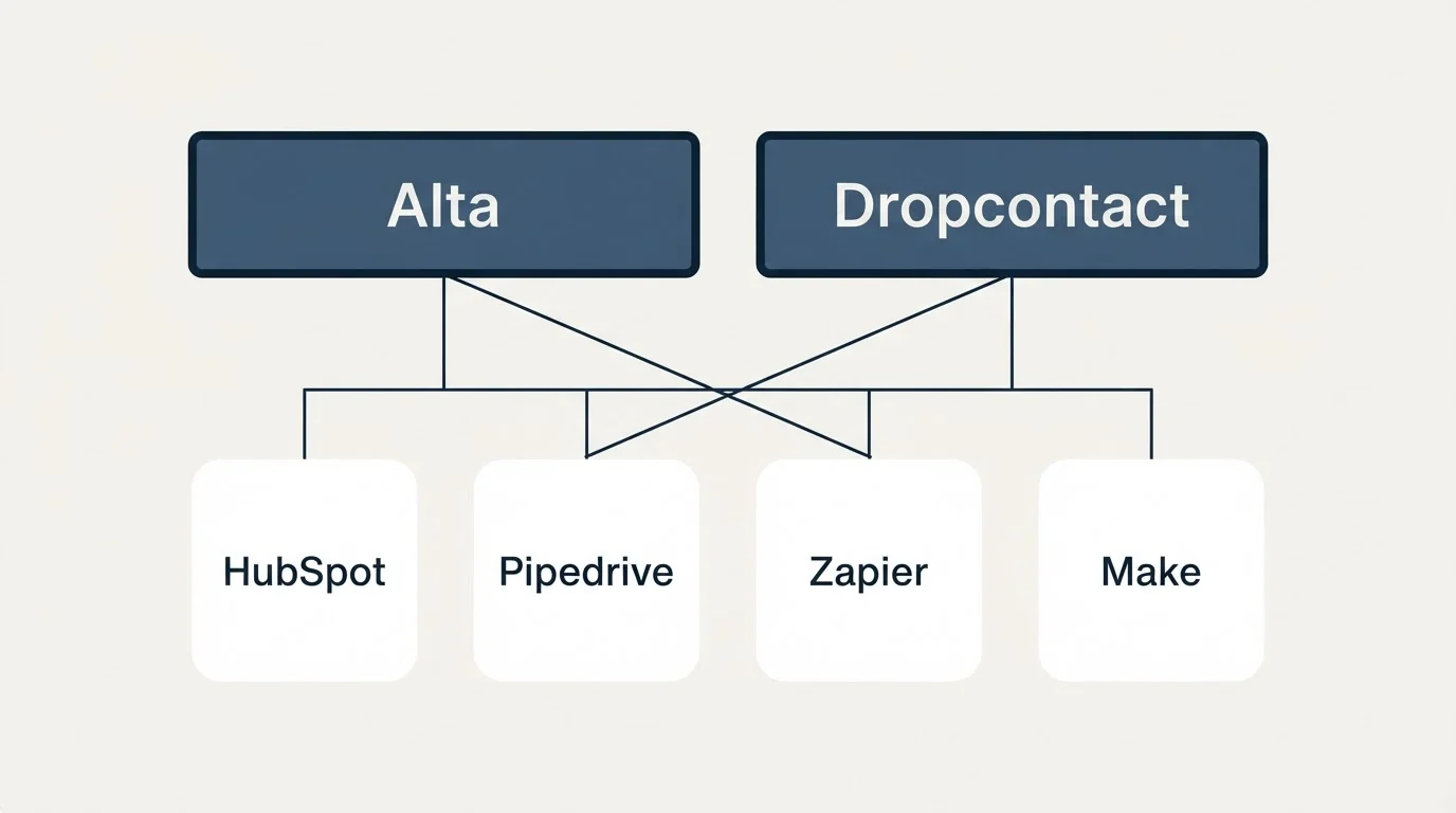 Integration grid: Integration Ecosystem (Alta, Dropcontact, HubSpot, Pipedrive)