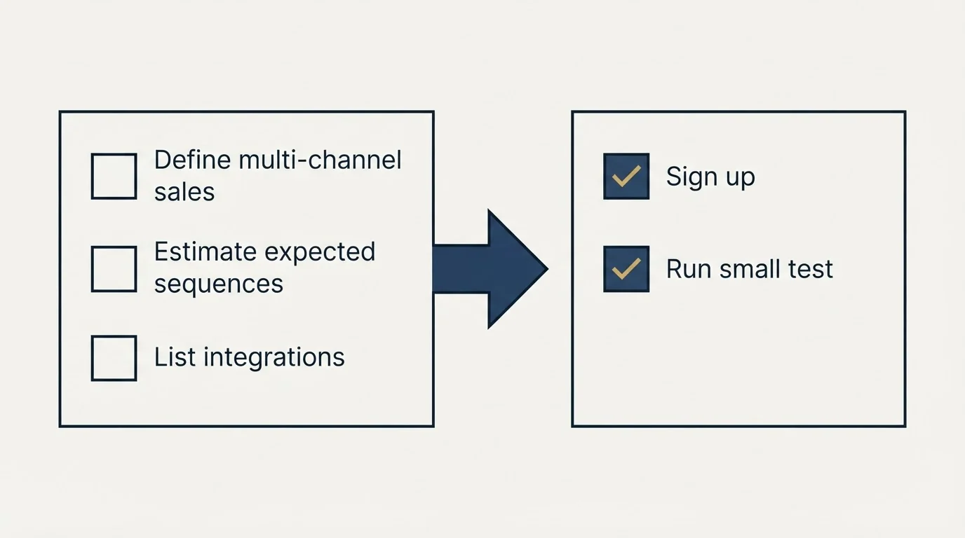 Before-and-after steps: Getting Started Checklist (Define multi-channel sales, Estimate expected sequences, List integrations, Sign up)