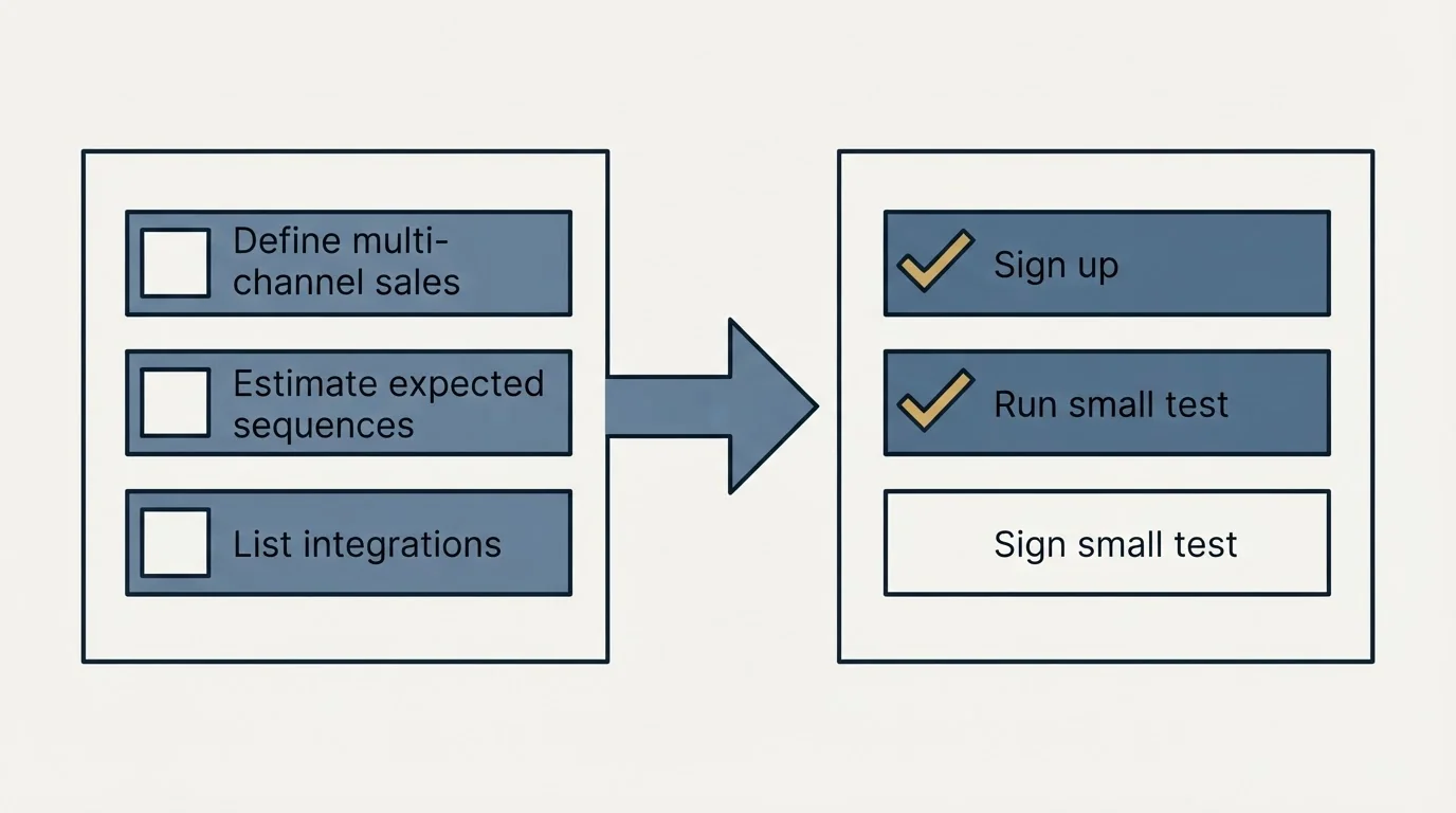 Before-and-after steps: Getting Started Checklist (Define multi-channel sales, Estimate expected sequences, List integrations, Sign up)