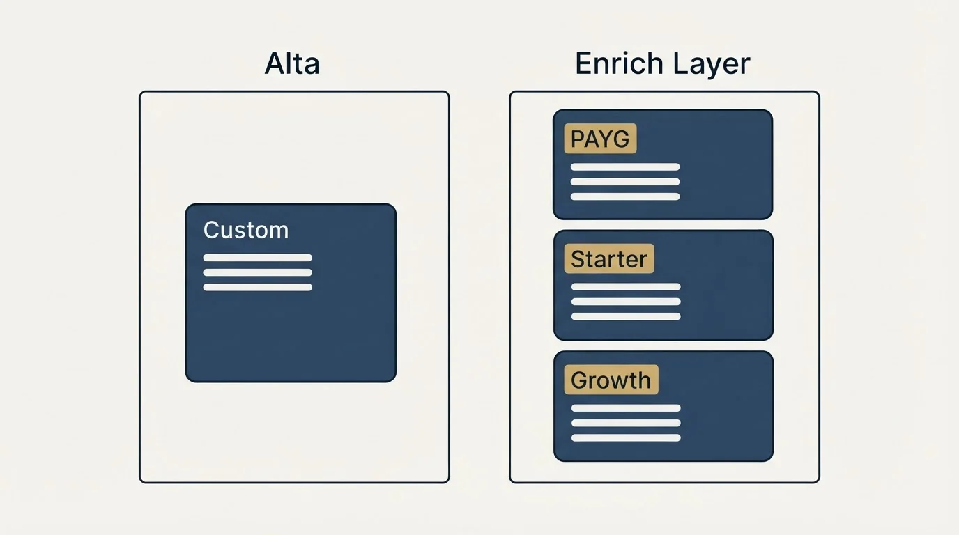 Pricing panels: Pricing Comparison (Alta, Enrich Layer, Custom, PAYG)