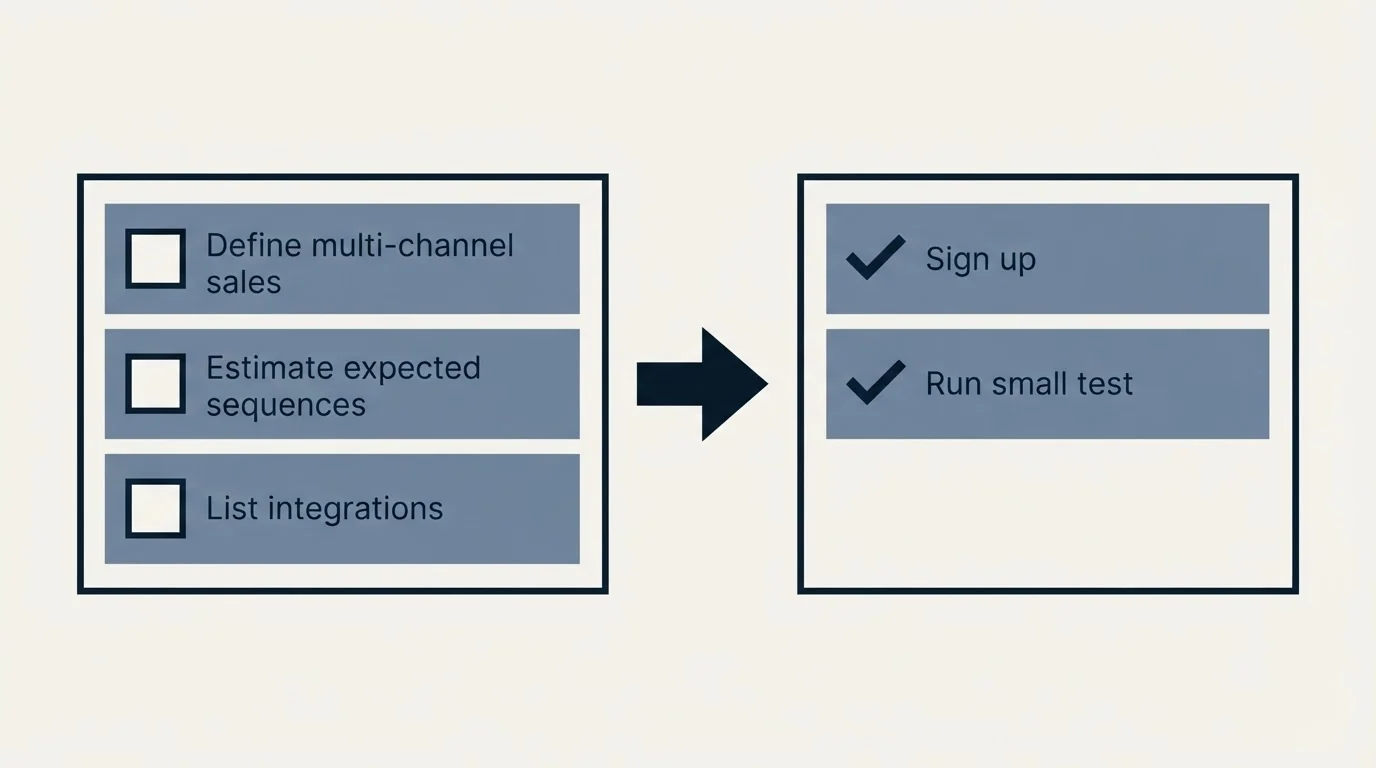 Before-and-after steps: Getting Started Checklist (Define multi-channel sales, Estimate expected sequences, List integrations, Sign up)