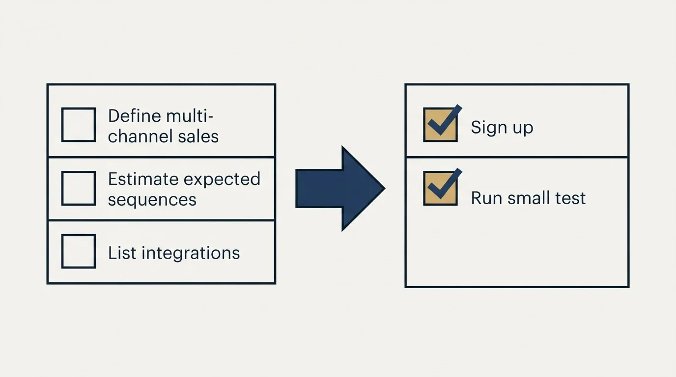 Before-and-after steps: Getting Started Checklist (Define multi-channel sales, Estimate expected sequences, List integrations, Sign up)