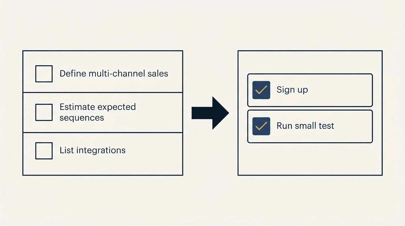 Before-and-after steps: Getting Started Checklist (Define multi-channel sales, Estimate expected sequences, List integrations, Sign up)