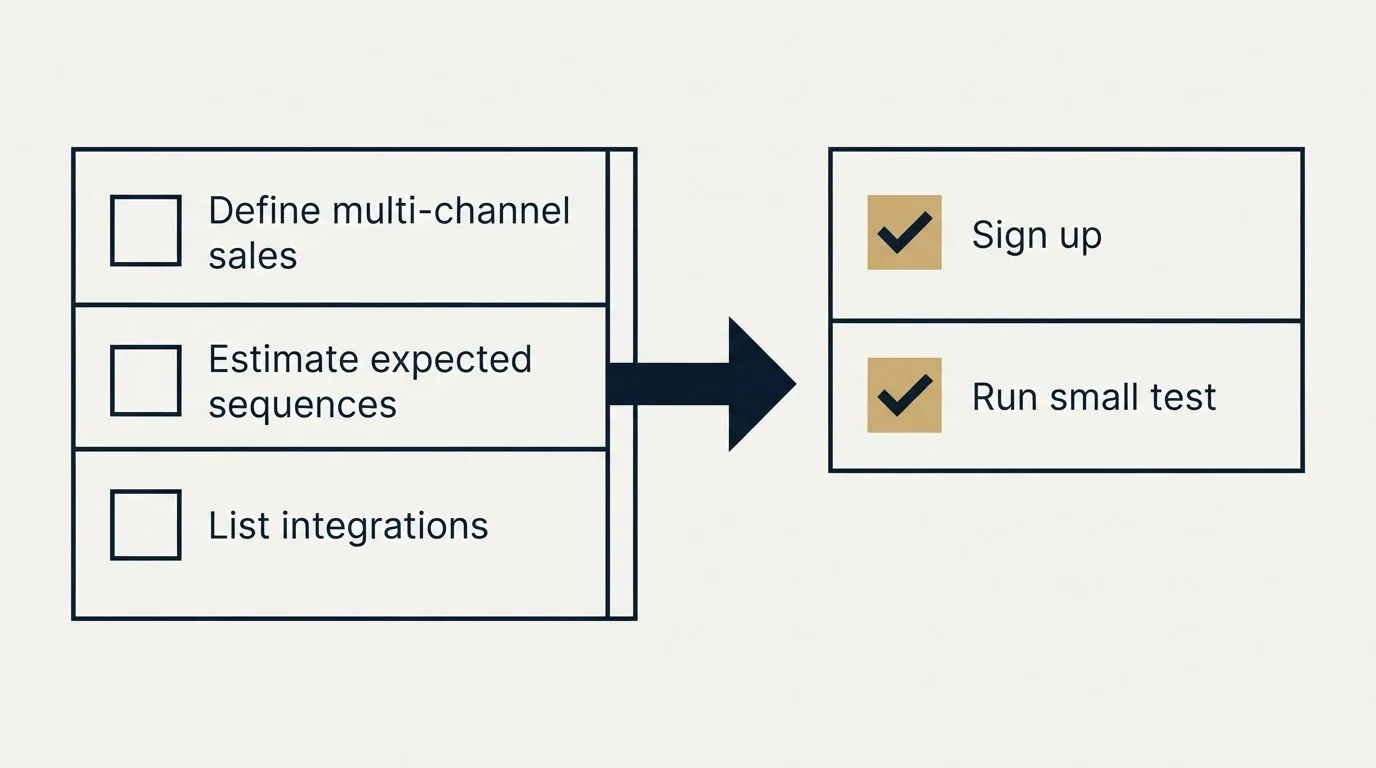 Before-and-after steps: Getting Started Checklist (Define multi-channel sales, Estimate expected sequences, List integrations, Sign up)
