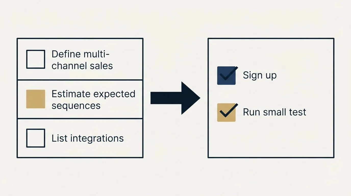 Before-and-after steps: Getting Started Checklist (Define multi-channel sales, Estimate expected sequences, List integrations, Sign up)