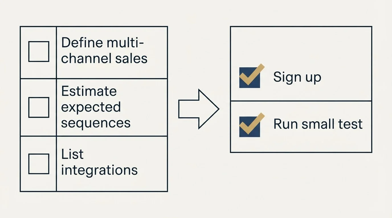 Before-and-after steps: Getting Started Checklist (Define multi-channel sales, Estimate expected sequences, List integrations, Sign up)