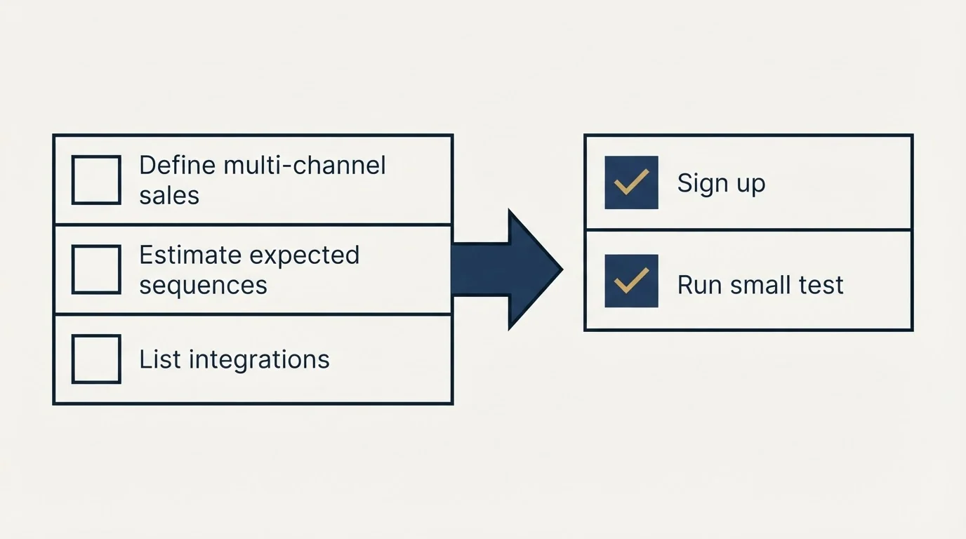 Before-and-after steps: Getting Started Checklist (Define multi-channel sales, Estimate expected sequences, List integrations, Sign up)