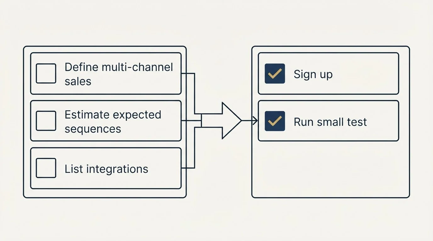 Before-and-after steps: Getting Started Checklist (Define multi-channel sales, Estimate expected sequences, List integrations, Sign up)