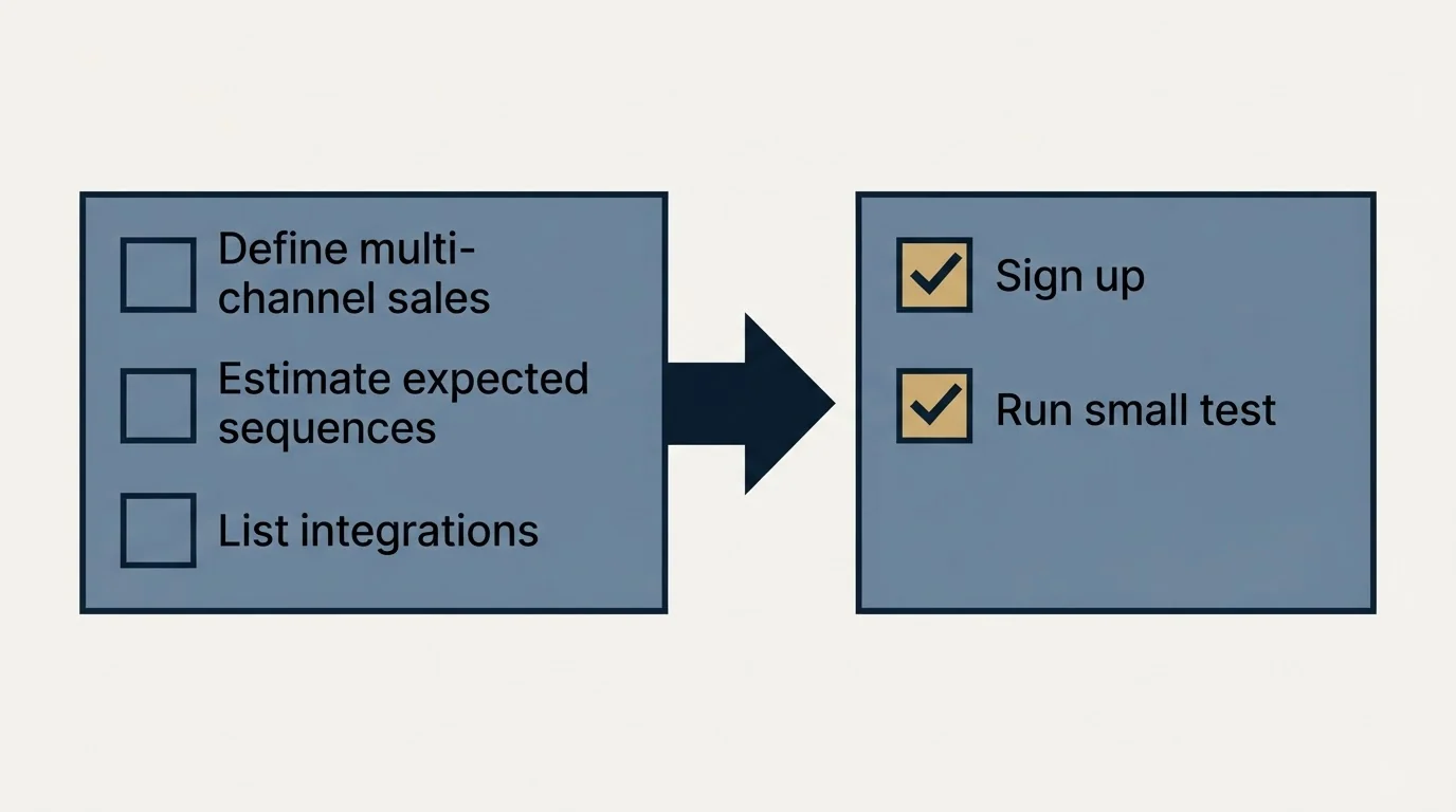 Before-and-after steps: Getting Started Checklist (Define multi-channel sales, Estimate expected sequences, List integrations, Sign up)