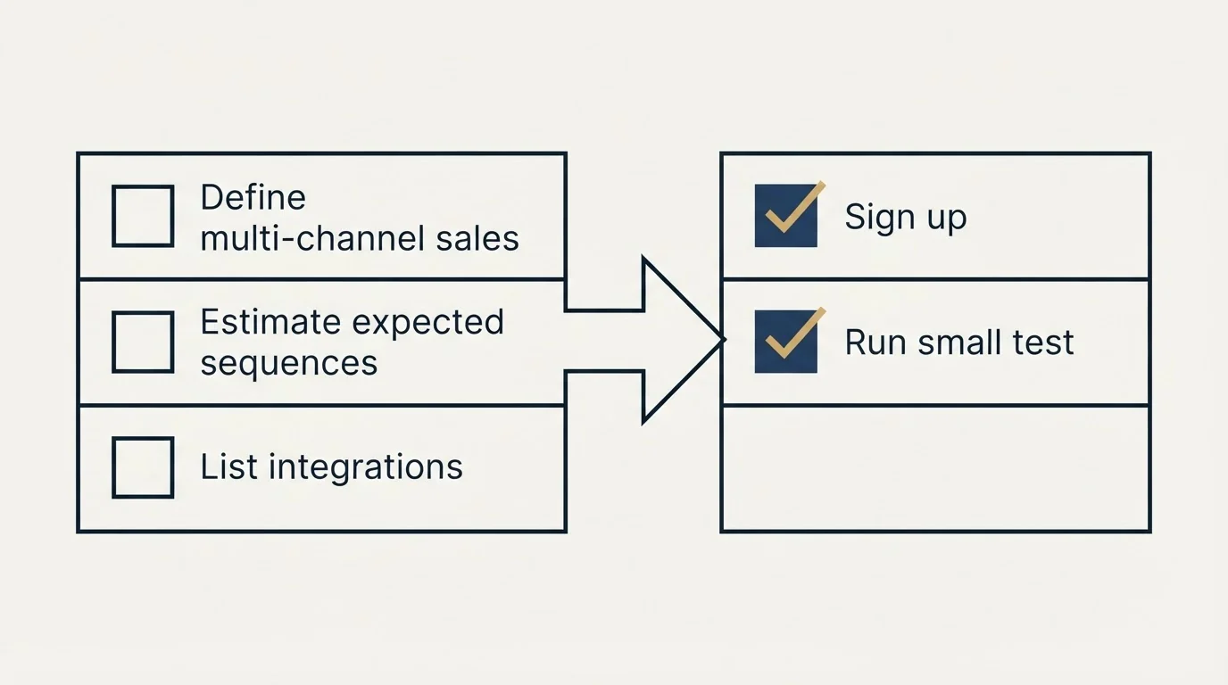Before-and-after steps: Getting Started Checklist (Define multi-channel sales, Estimate expected sequences, List integrations, Sign up)