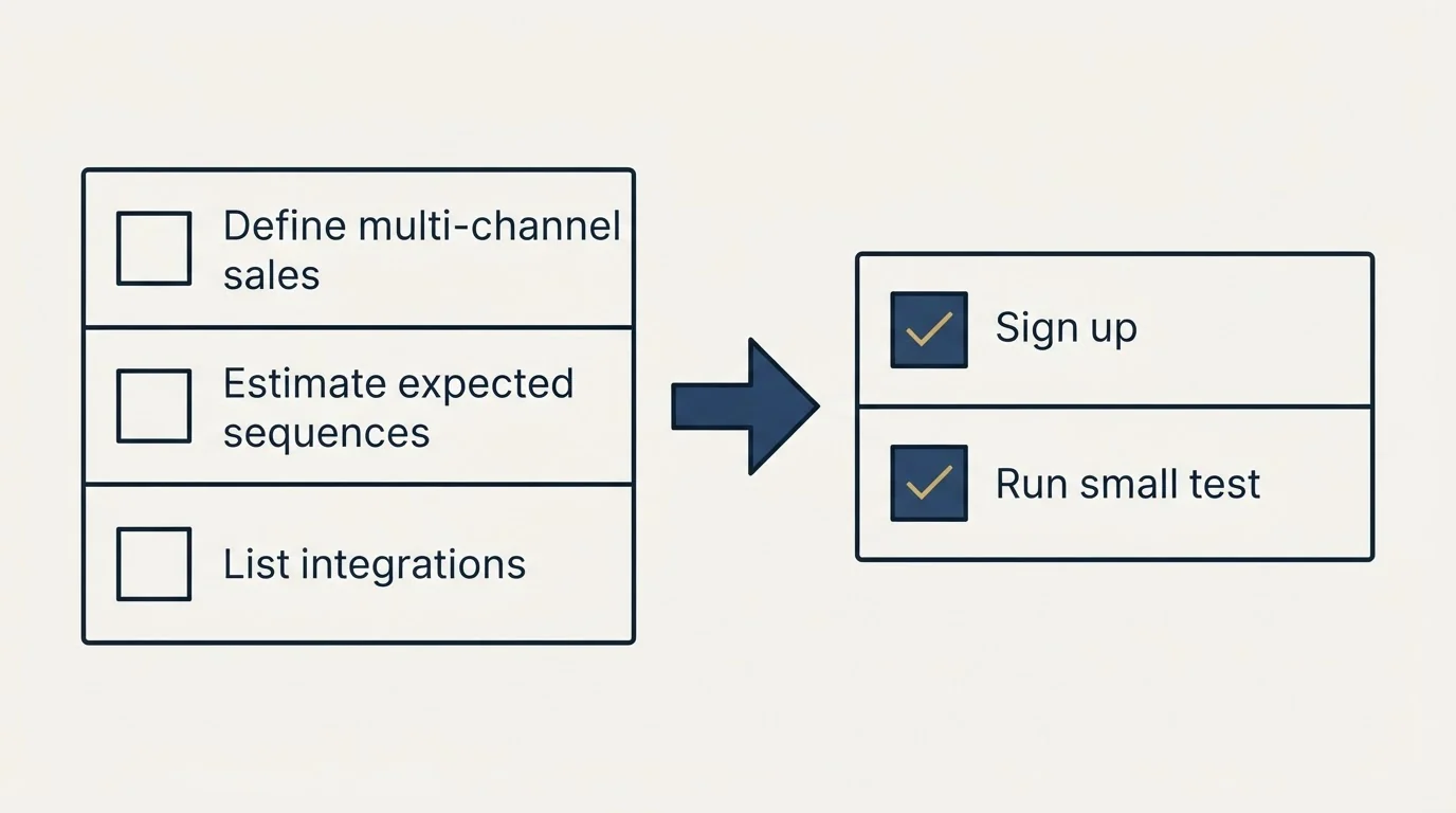 Before-and-after steps: Getting Started Checklist (Define multi-channel sales, Estimate expected sequences, List integrations, Sign up)