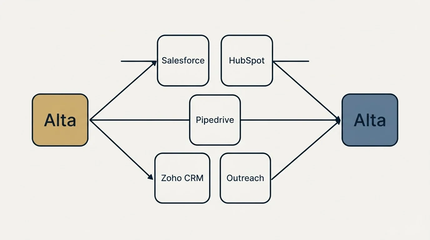 Integration schematic: Integration Ecosystem (Alta, Salesforce, HubSpot, Pipedrive)