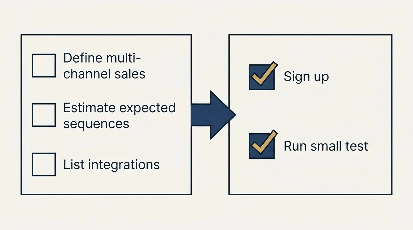 Before-and-after steps: Getting Started Checklist (Define multi-channel sales, Estimate expected sequences, List integrations, Sign up)