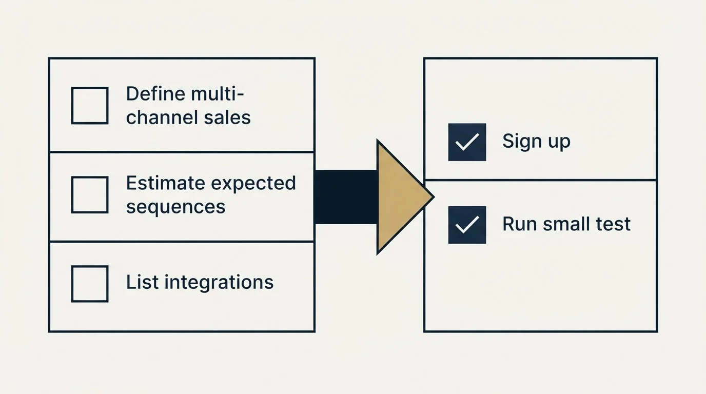 Before-and-after steps: Getting Started Checklist (Define multi-channel sales, Estimate expected sequences, List integrations, Sign up)