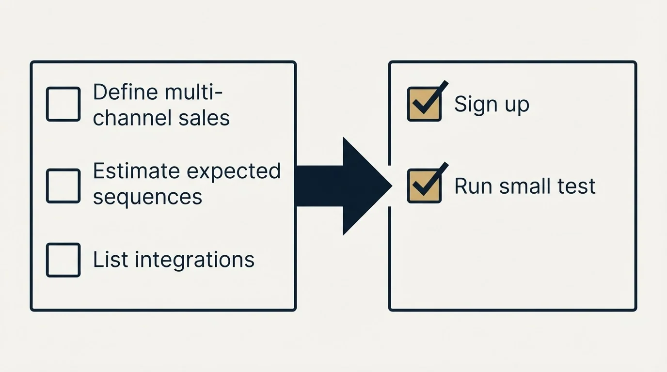 Before-and-after steps: Getting Started Checklist (Define multi-channel sales, Estimate expected sequences, List integrations, Sign up)