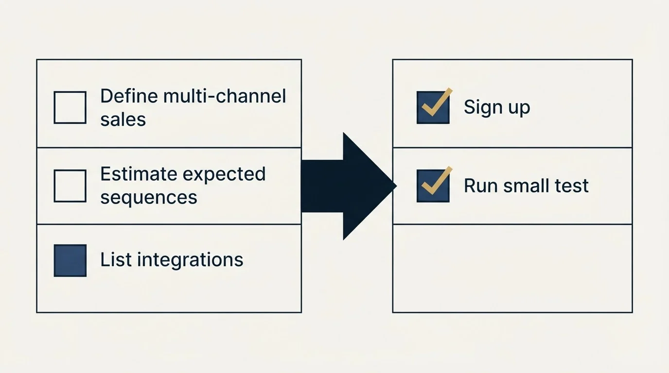Before-and-after steps: Getting Started Checklist (Define multi-channel sales, Estimate expected sequences, List integrations, Sign up)
