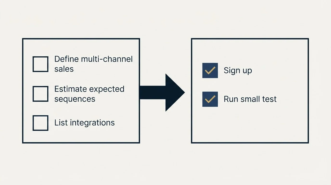 Before-and-after steps: Getting Started Checklist (Define multi-channel sales, Estimate expected sequences, List integrations, Sign up)