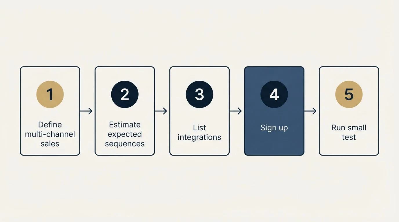 Step sequence: Getting Started Checklist (Define multi-channel sales, Estimate expected sequences, List integrations, Sign up)