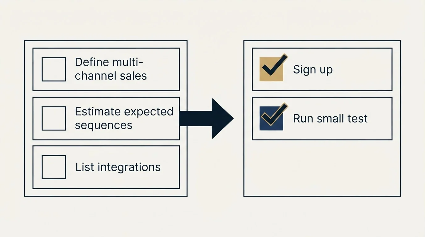 Before-and-after steps: Getting Started Checklist (Define multi-channel sales, Estimate expected sequences, List integrations, Sign up)