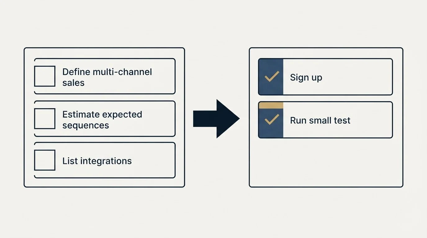 Before-and-after steps: Getting Started Checklist (Define multi-channel sales, Estimate expected sequences, List integrations, Sign up)