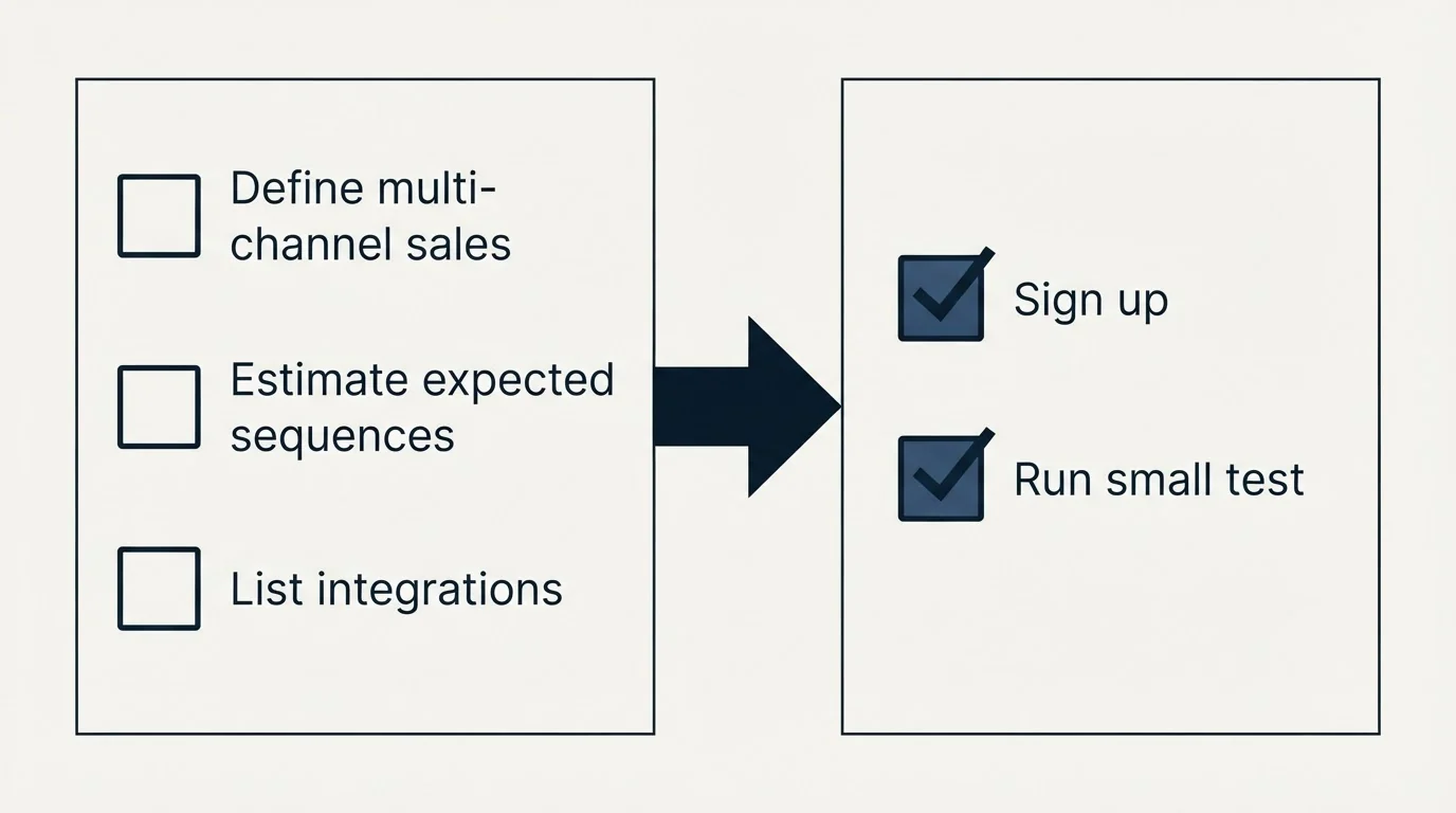 Before-and-after steps: Getting Started Checklist (Define multi-channel sales, Estimate expected sequences, List integrations, Sign up)
