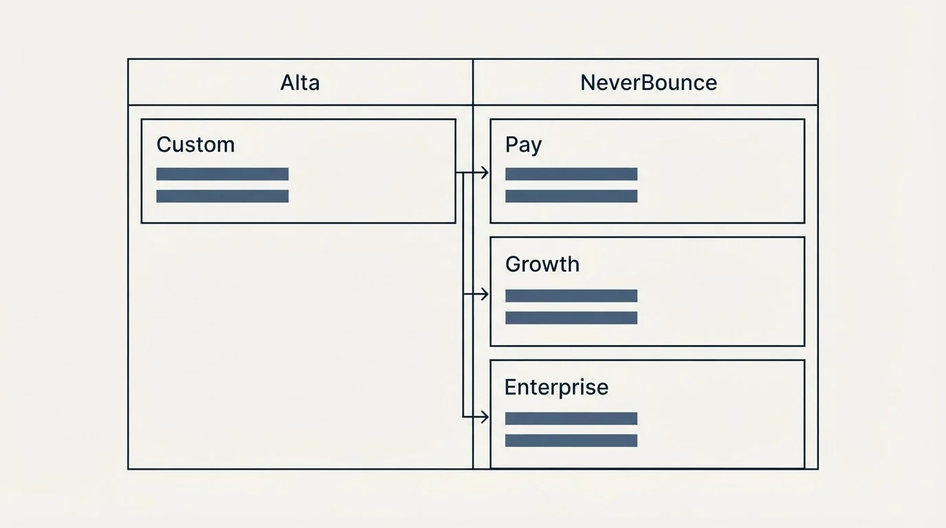 Pricing table: Pricing Comparison (Alta, NeverBounce, Custom, Pay)